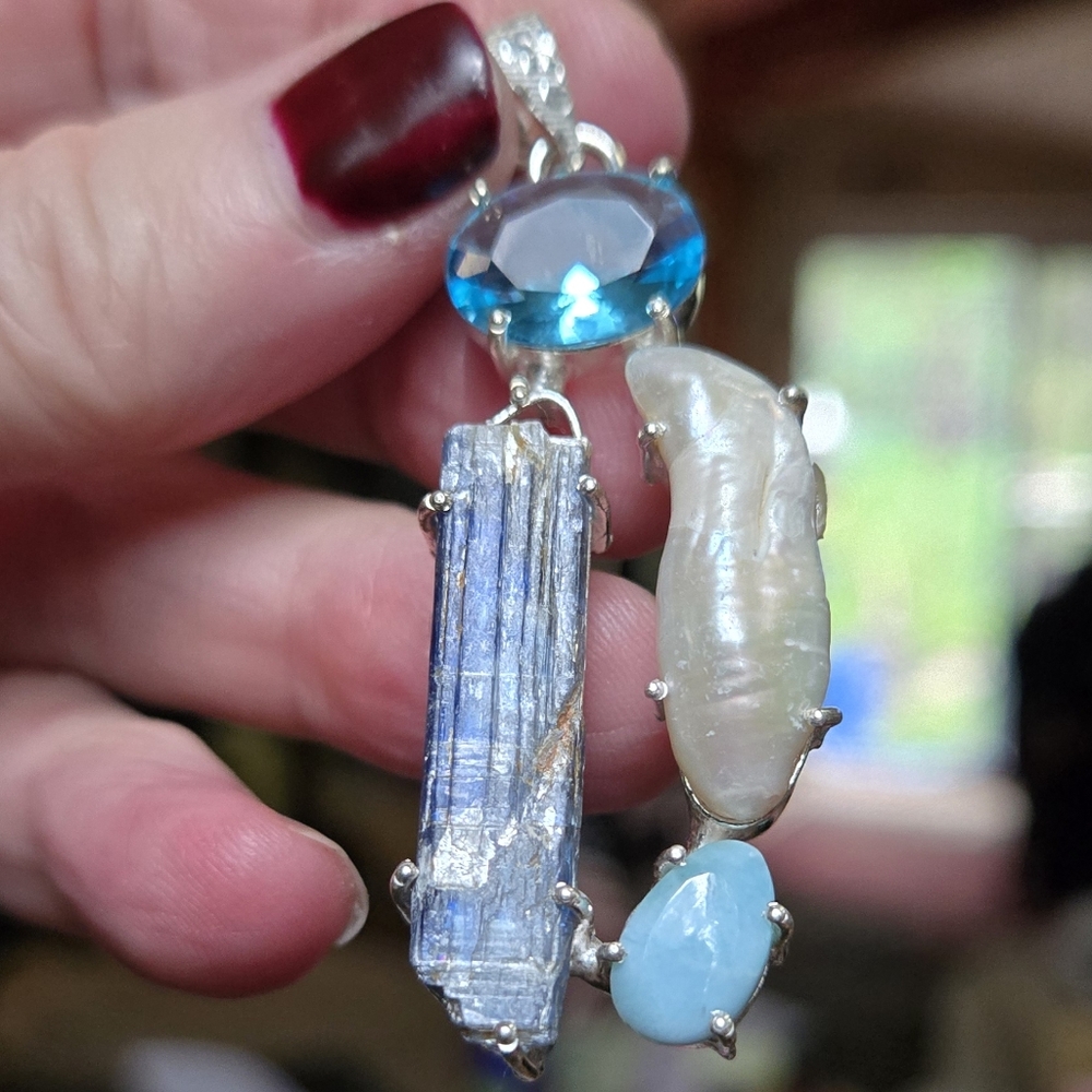 Topaz kyanite pearl & larimar sterling silver pendant - Picture 6 of 8